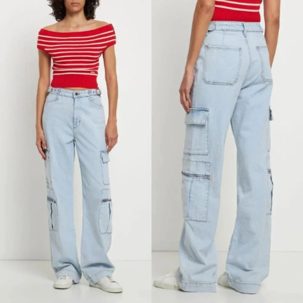 New! We Wore What Utility Straight Cargo Jeans in Blue nwt 29090